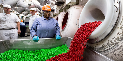 Red and green M&M's are being processed at the M&M factory in Cleveland, TN.